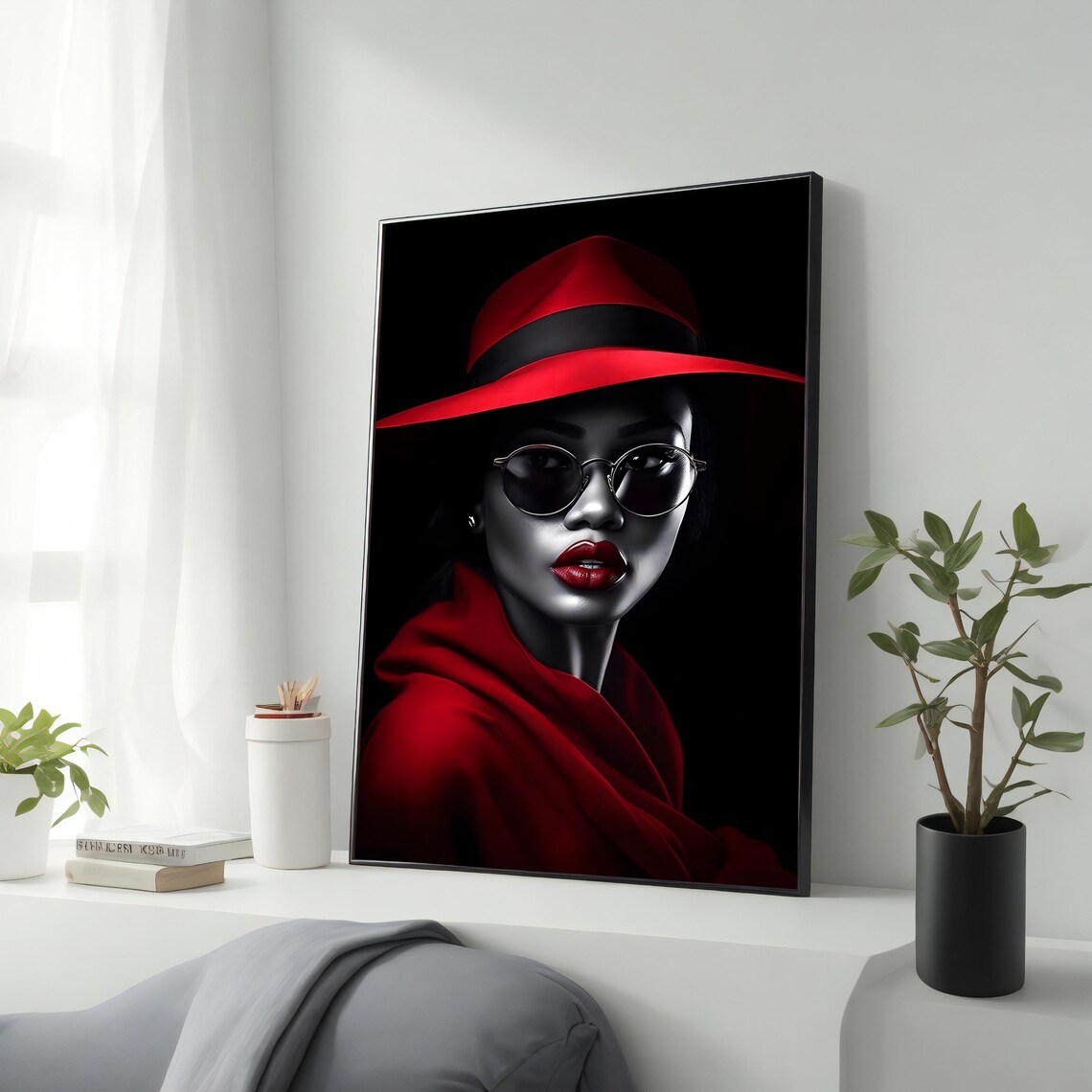 Red Hat Monochrome Woman Round Glasses Red Lips Dramatic Fashion Wall Poster