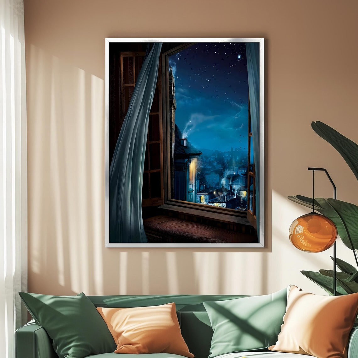Open Window Night View Starry Sky Old Town Rooftops Travel Poster - Image 2
