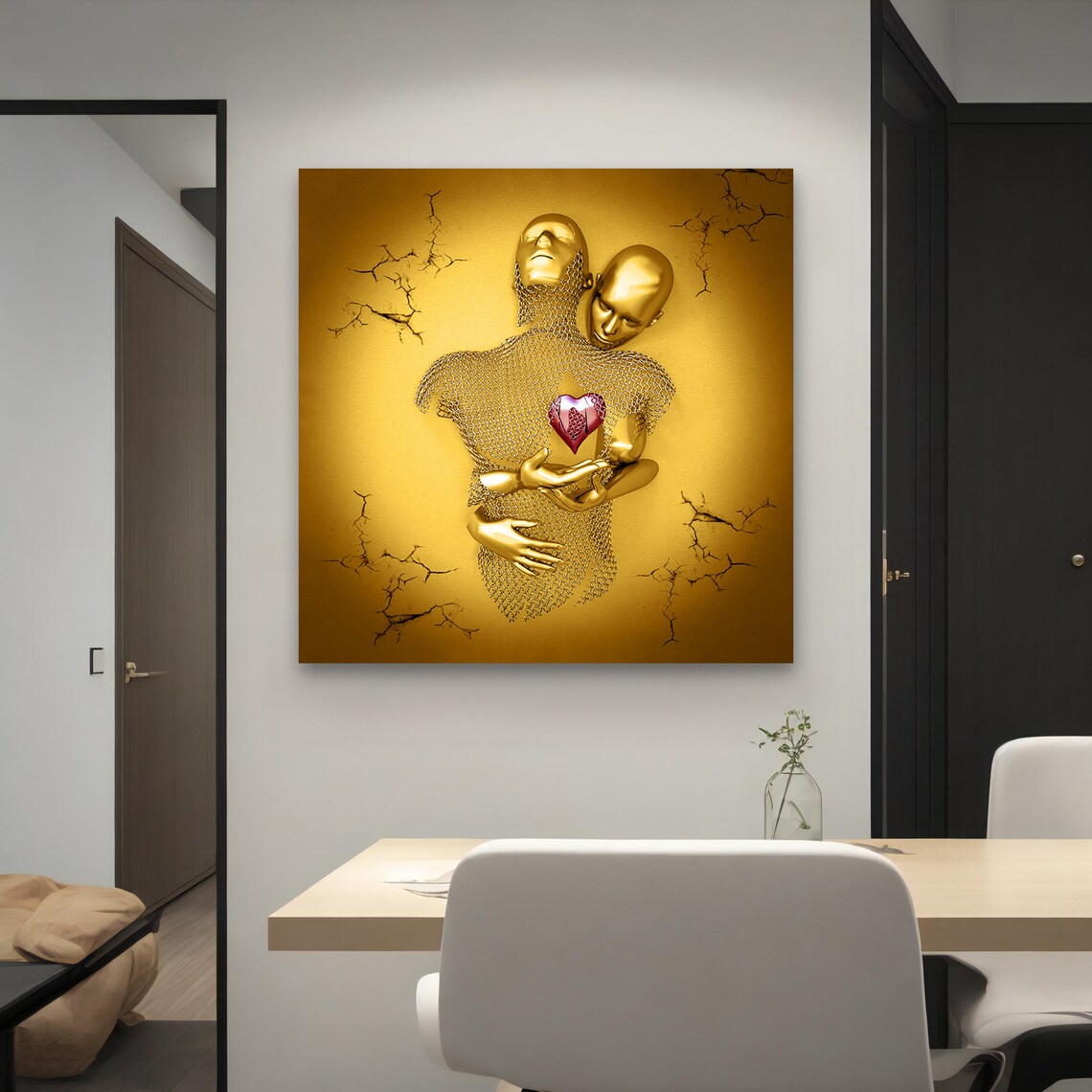 Golden Embrace Metallic Couple Heart Emotional Modern Wall Art - Image 4