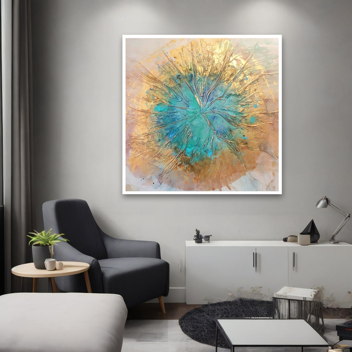 Radiant Gold Turquoise Burst Textured Abstract Dynamic Art Print - Image 2