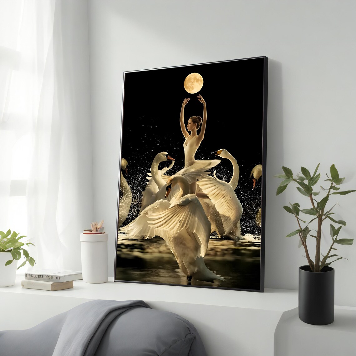 Ballerina Dancing With White Swans Under Full Moon Night Art Poster
