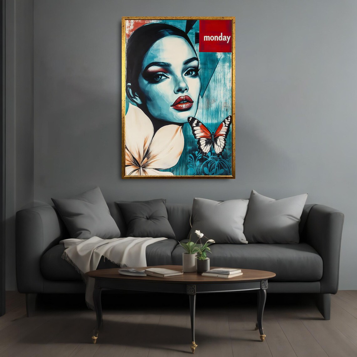 Pop Art Woman Butterfly Monday Teal Portrait Modern Wall Poster - Image 4