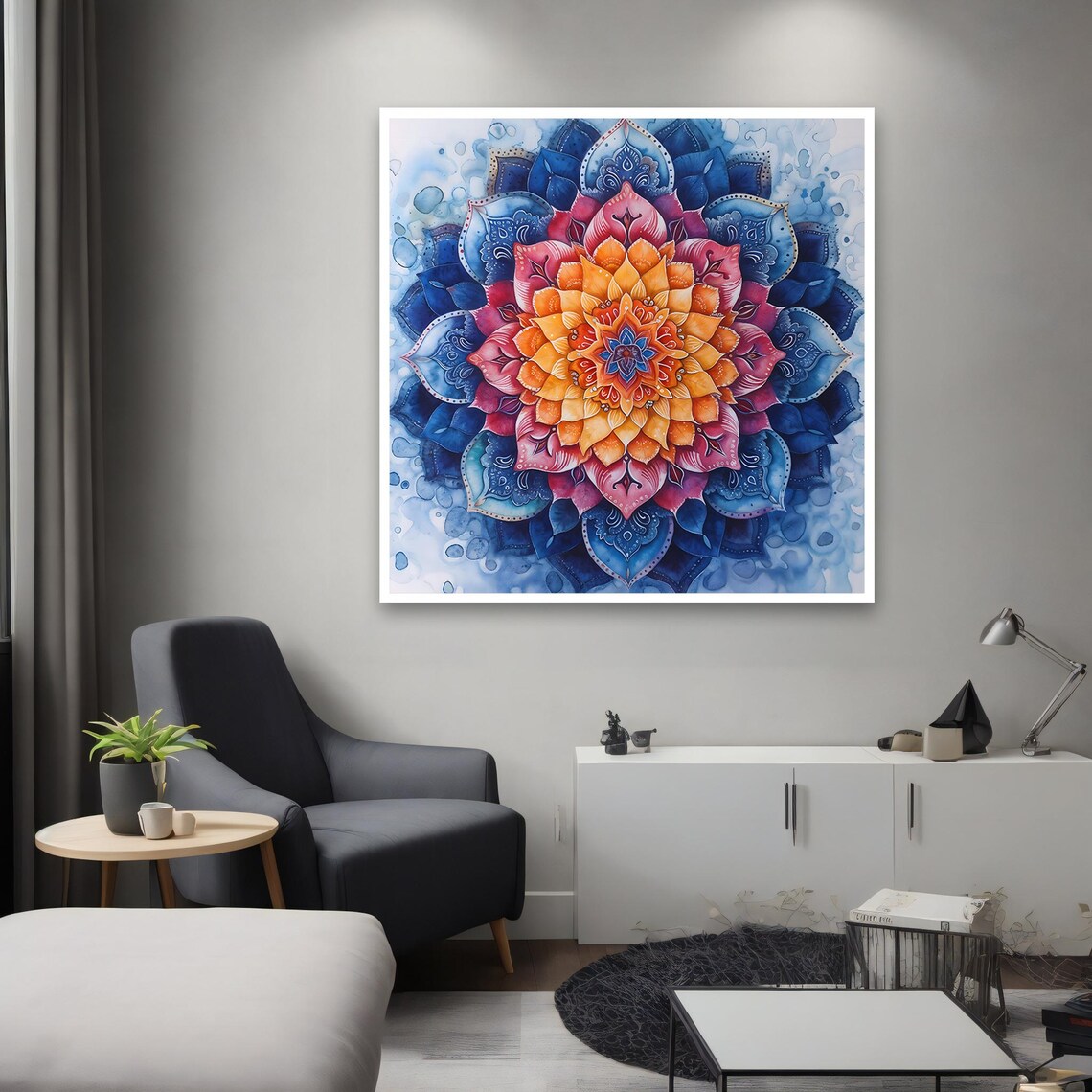 Blue Orange Pink Watercolor Mandala Floral Meditation Zen Wall Poster - Image 2