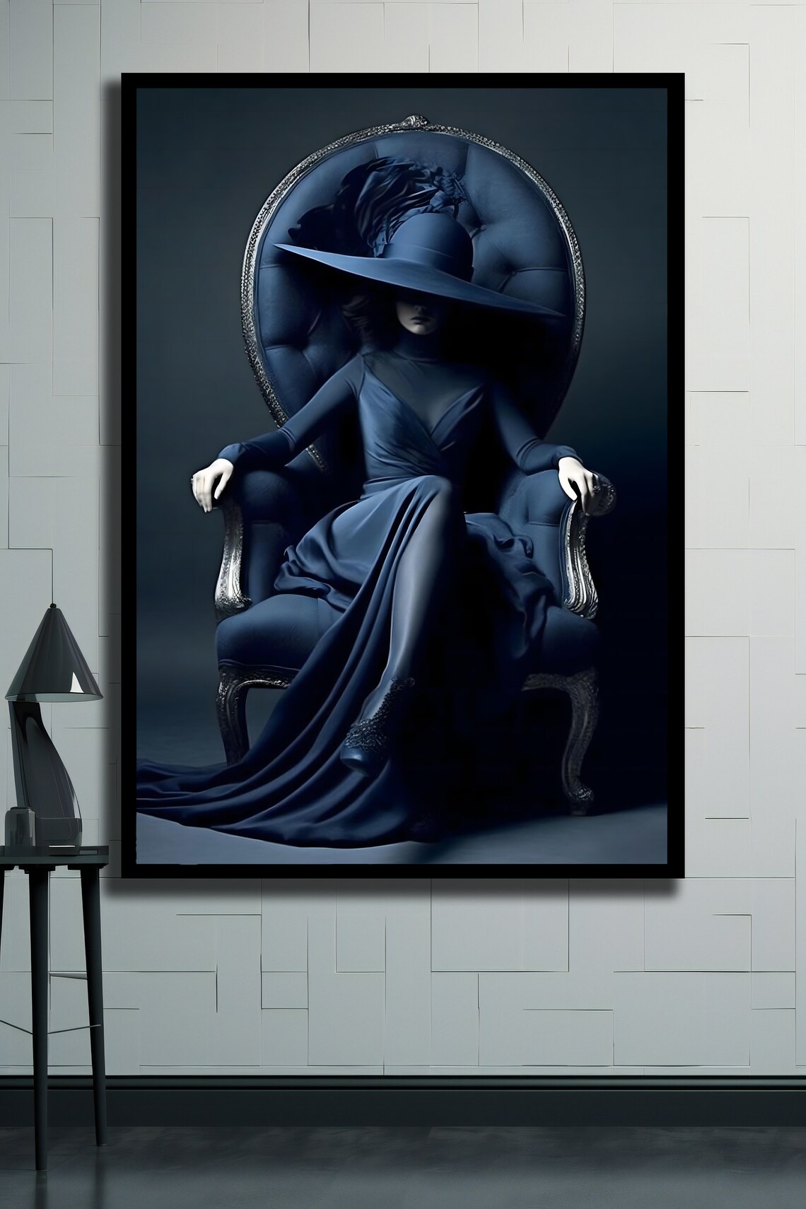 Mysterious Woman Blue Gown Wide Brim Hat Ornate Chair Gothic Glam Wall Poster - Image 2