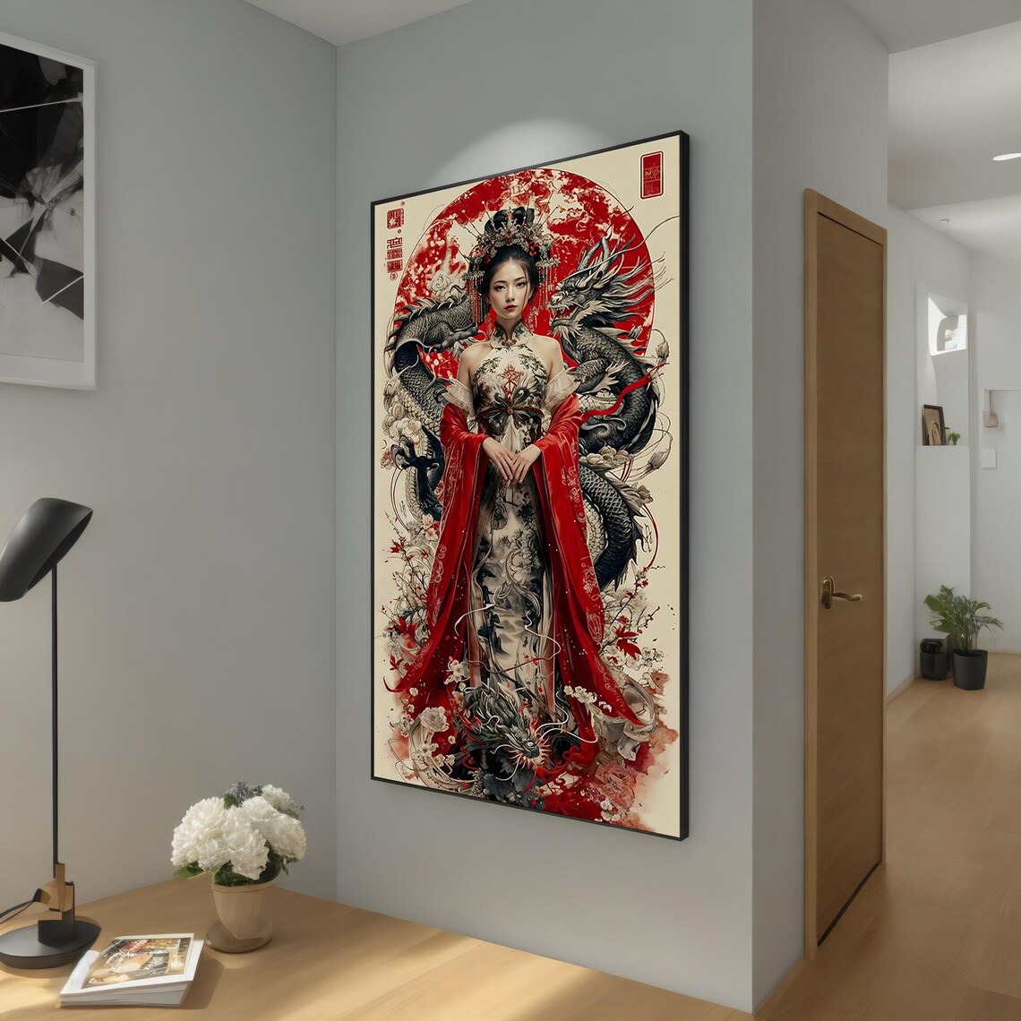 Oriental Empress With Twin Dragons Red Sun Circle Floral Tattoo Dress Poster