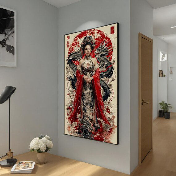 Oriental Empress Painting Red Dragon Wall Decor Asian Woman Print Traditional Chinese Painting Elegant Framed Wall Art Gift Idea