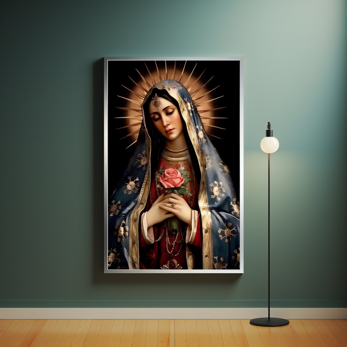 Virgin Mary With Rose Golden Halo Religious Devotion Art Print - Image 4