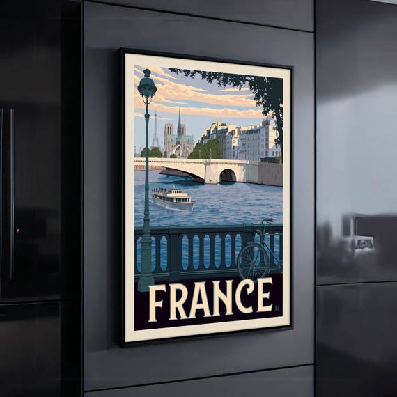 Vintage France Wall Art Paris River Seine Retro Travel Poster Eiffel Tower And Notre Dame Framed Wall Decor Art Gift Idea