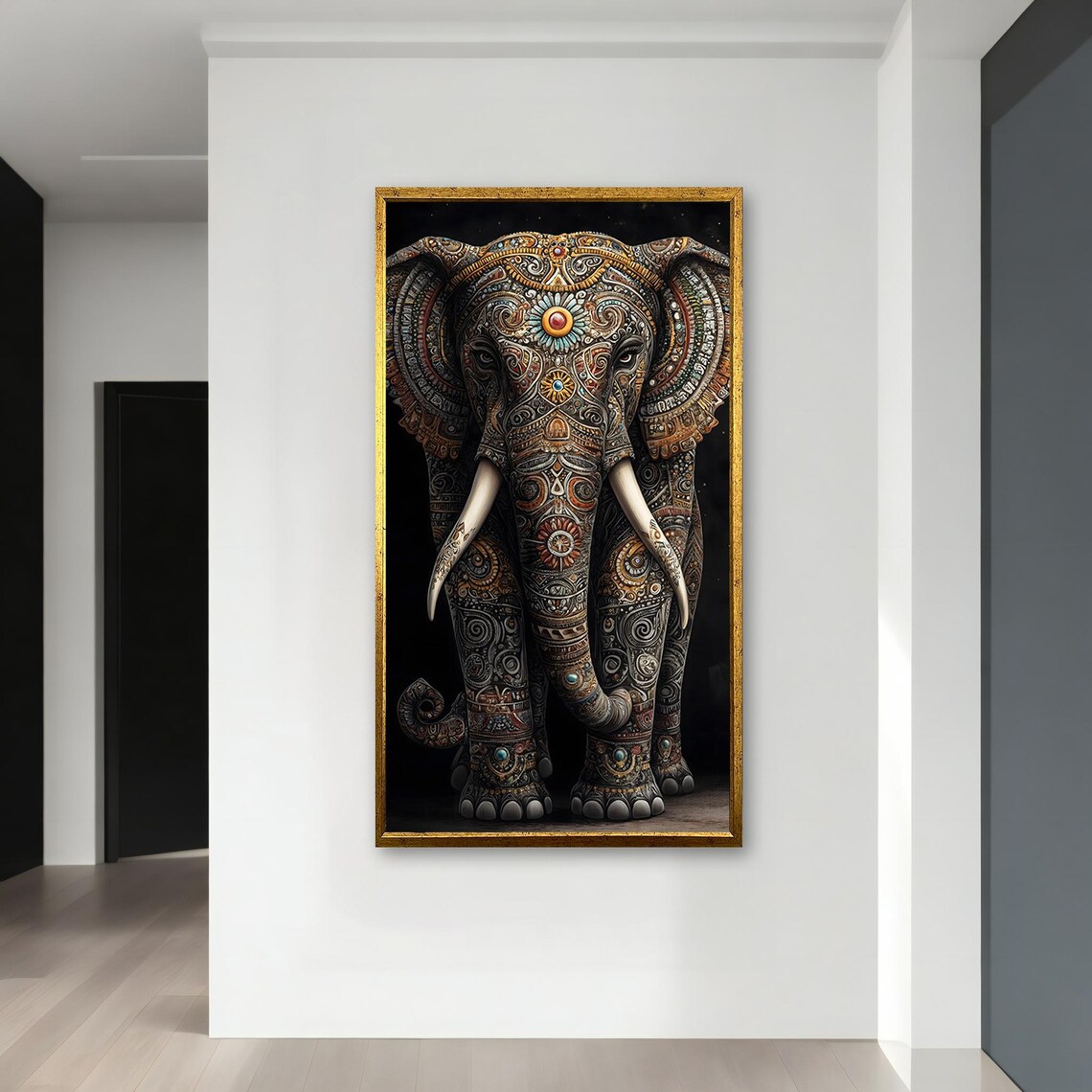 Decorative Mandala Elephant Front View On Black Background Boho Animal Poster - Image 4