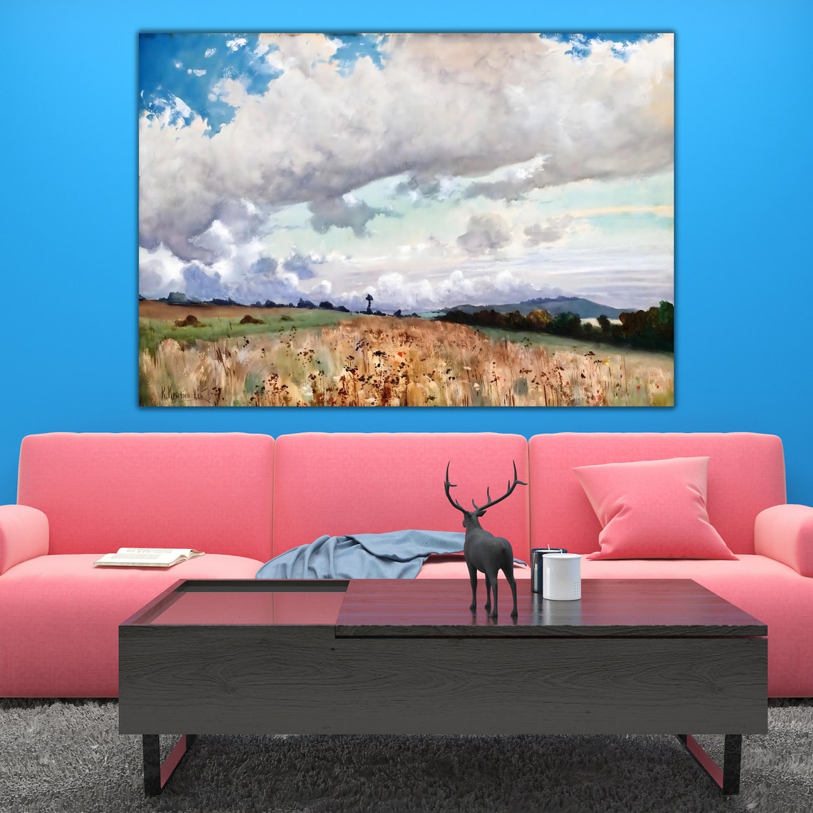 Golden Meadow Dramatic Clouds Impressionist Field Landscape Art Poster - Image 2
