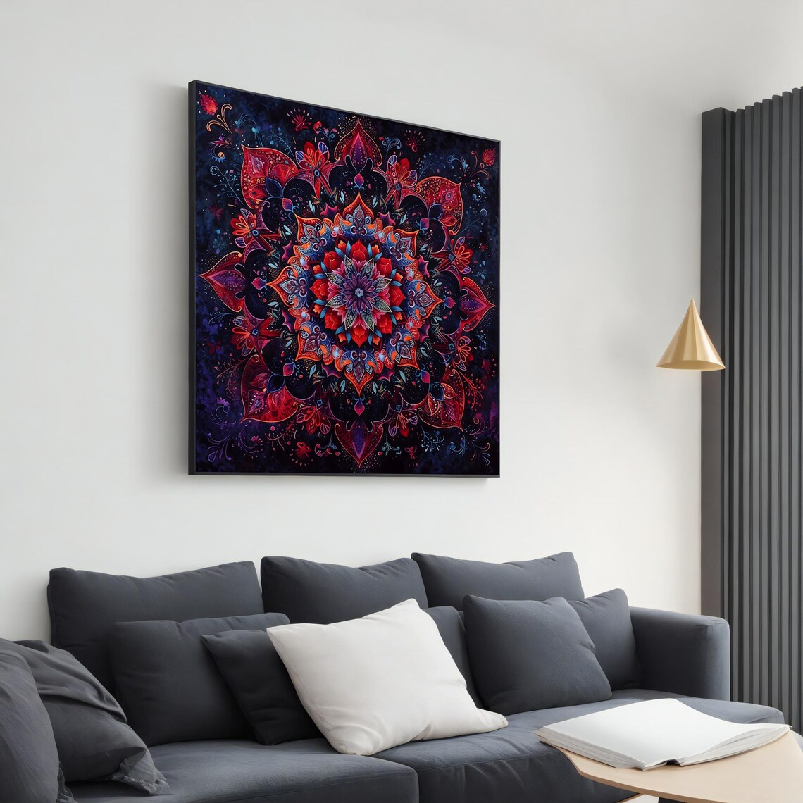 Vivid Red Purple Mandala On Dark Navy Glowing Bohemian Zen Wall Poster