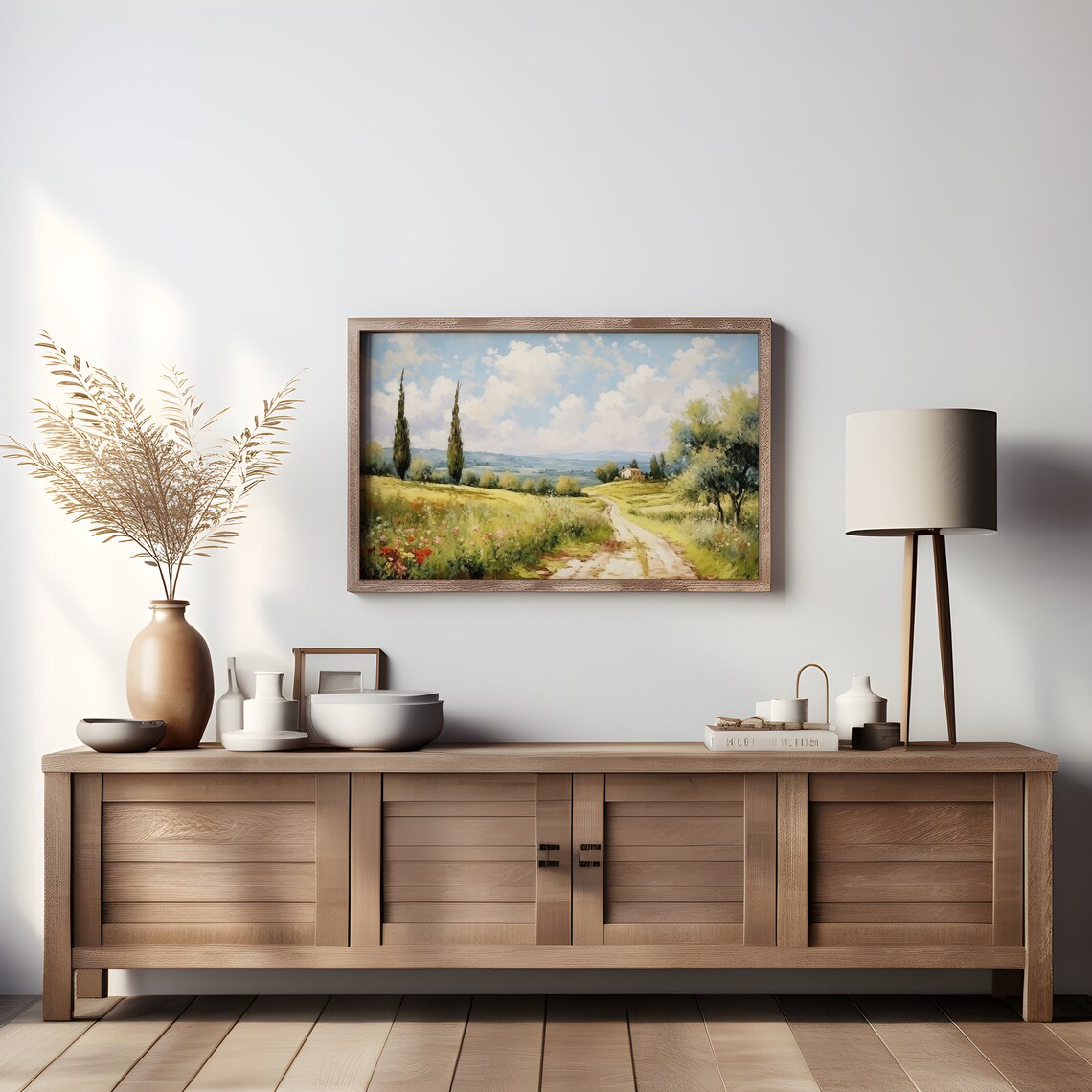 Sunny Tuscan Cypress Country Road Farmhouse Vintage Oil Painting Print - Image 3