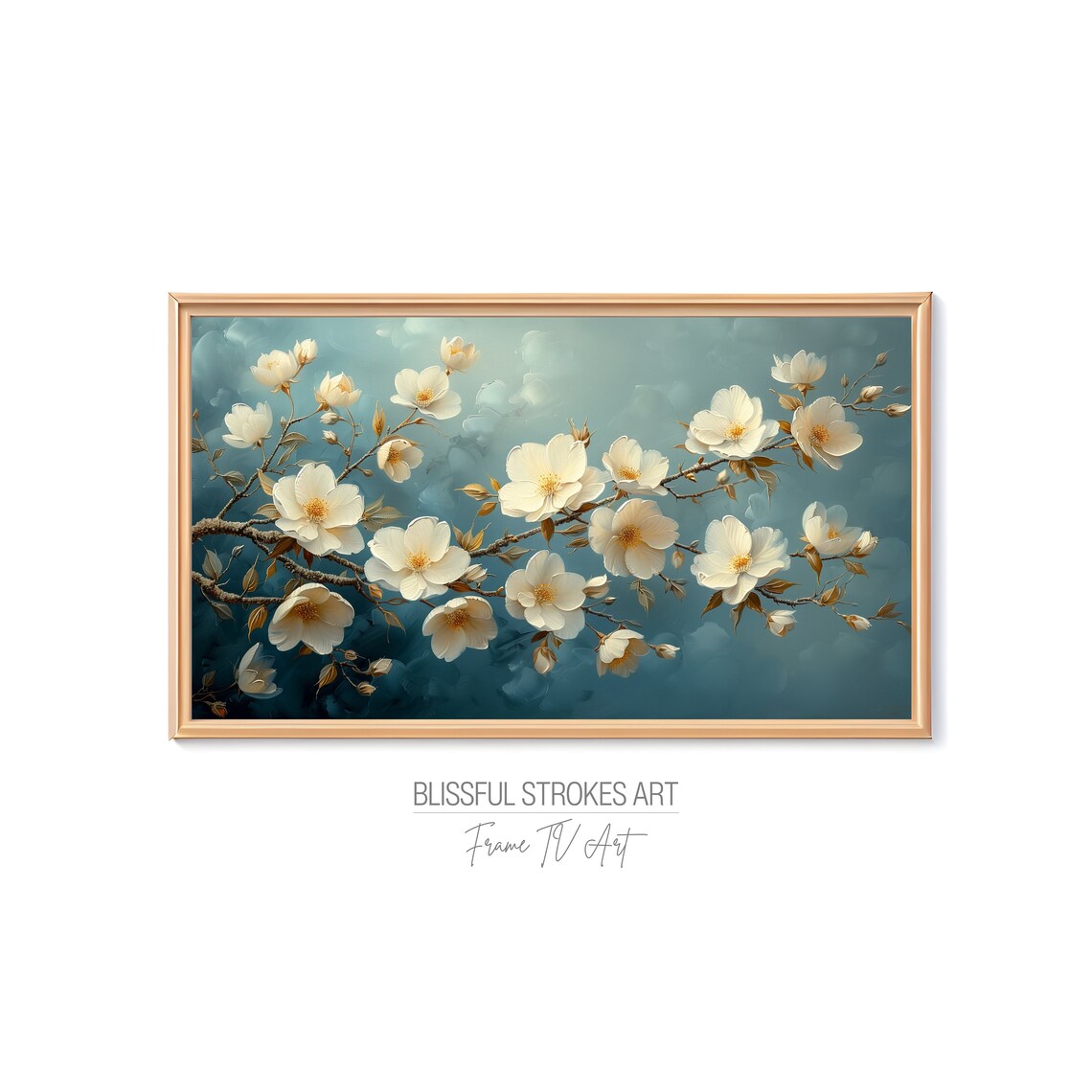 White Blossom Teal Textured Floral Branch Painting Art Print