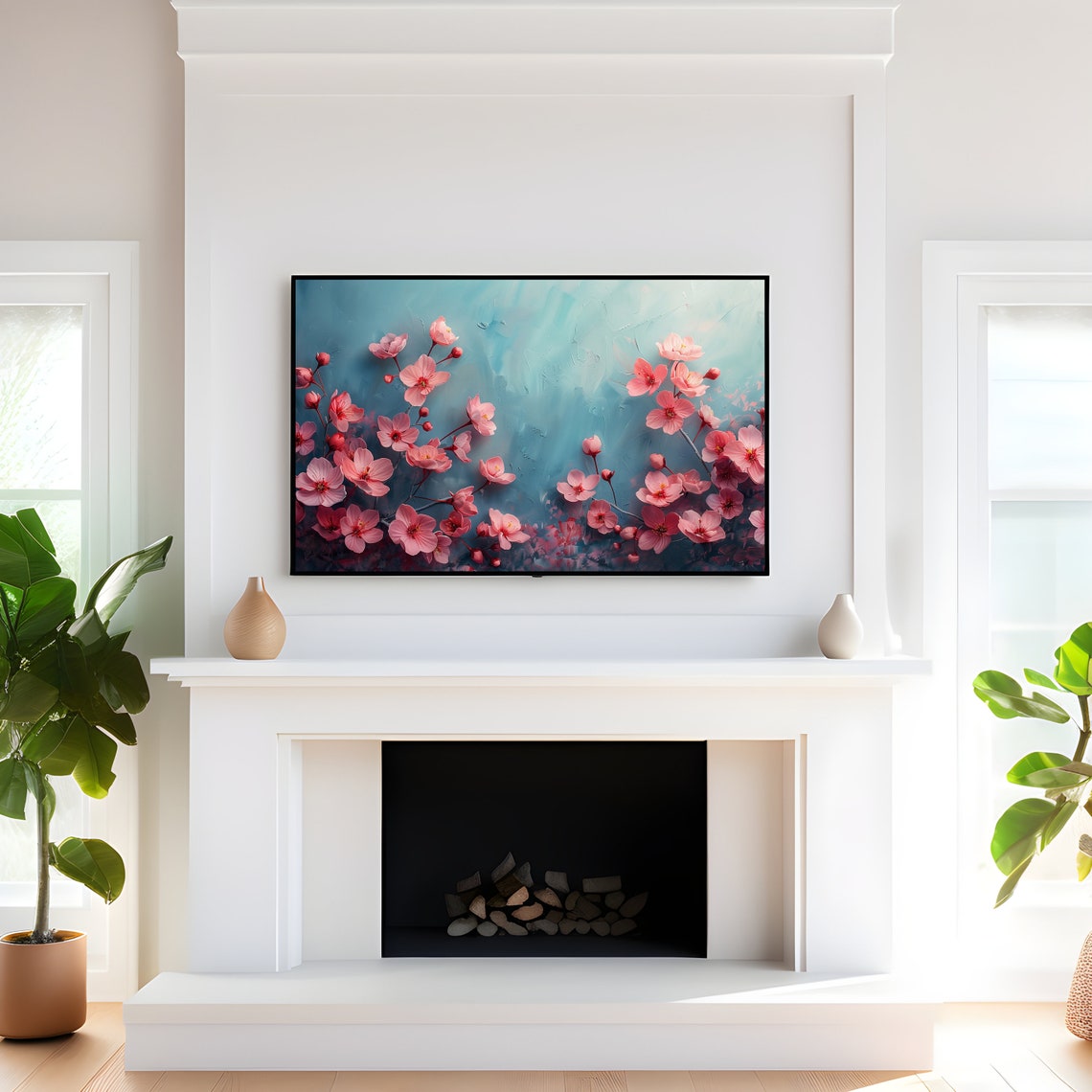 Pink Cherry Blossom Branches Textured Teal Background Art Print - Image 4