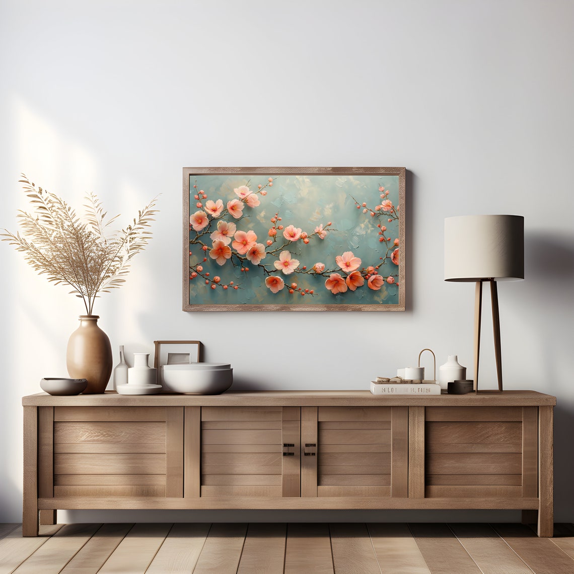 Pink Cherry Blossom Branches Sage Green Floral Painting Poster - Image 4