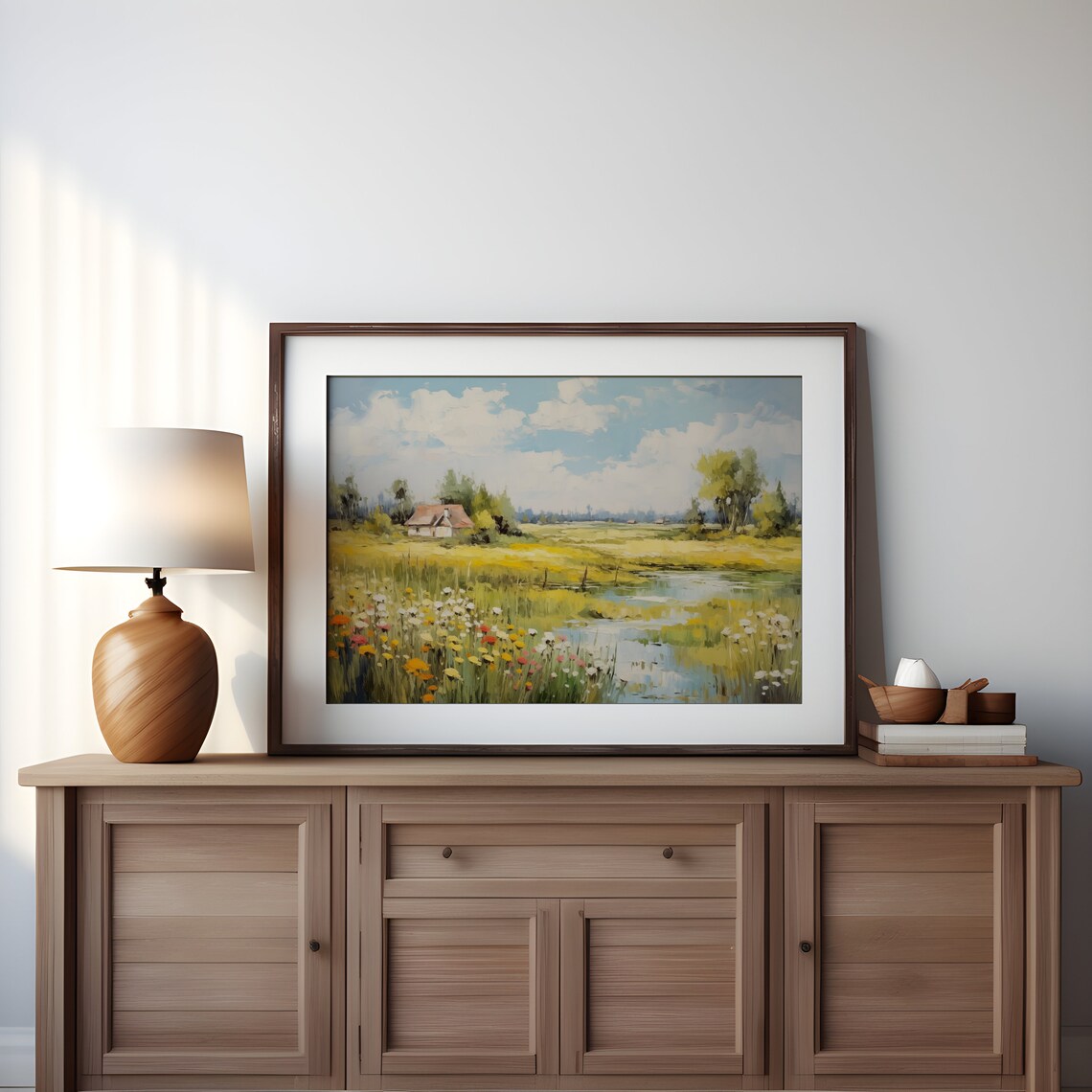 Sunny Countryside Cottage Stream Wildflower Field Vintage Oil Print - Image 4