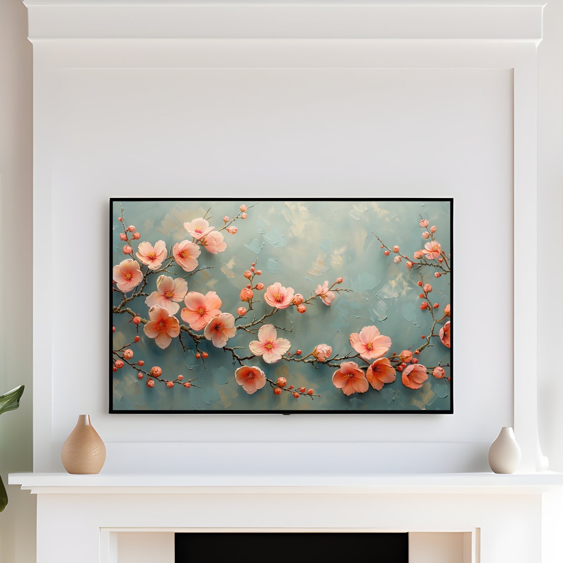 Peach Blossom Branch Soft Teal Textured Spring Painting Art Print - Image 3