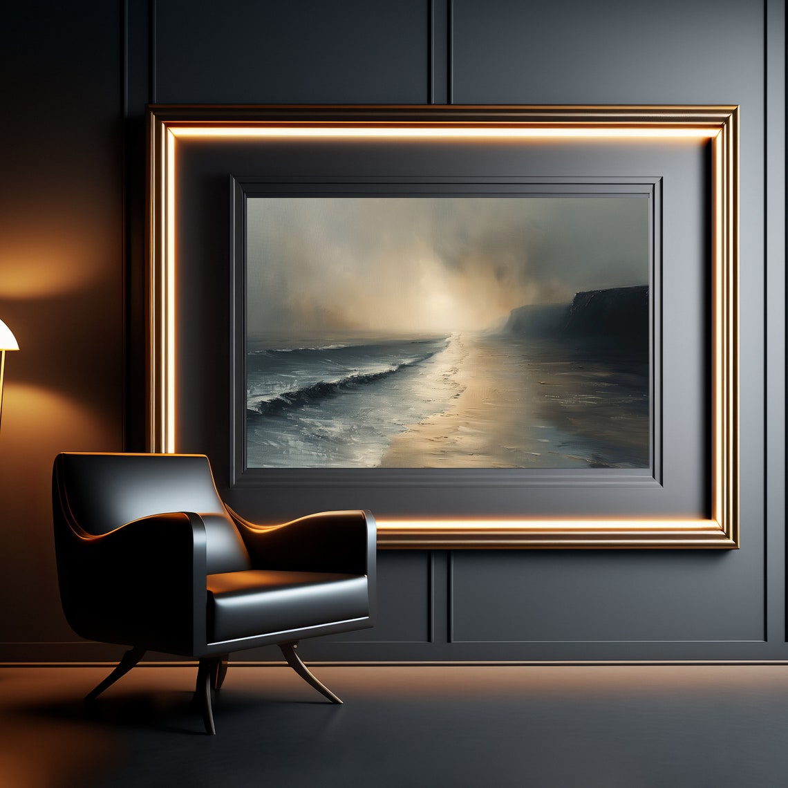 Sunset Beach Shoreline Golden Light Moody Seascape Painting Poster - Image 2