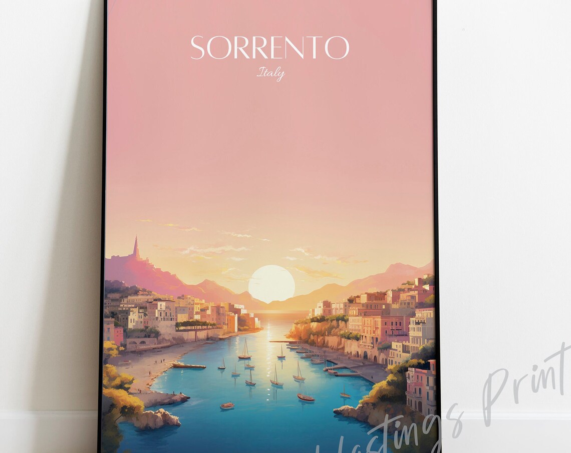 Sorrento Italy Vintage Travel Poster Pink Sunset Bay Sailboats