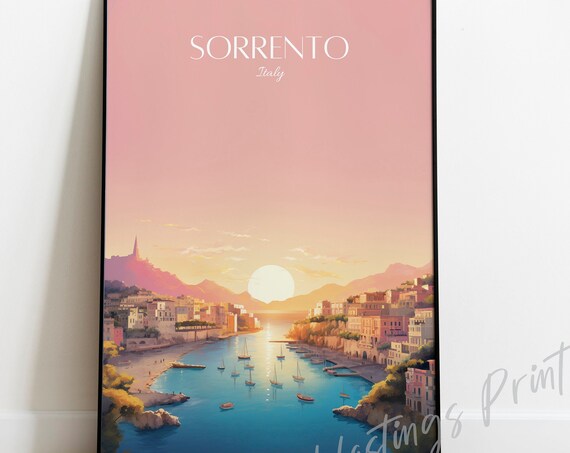 Sorrento Italy Vintage Travel Poster Pink Sunset Bay Sailboats