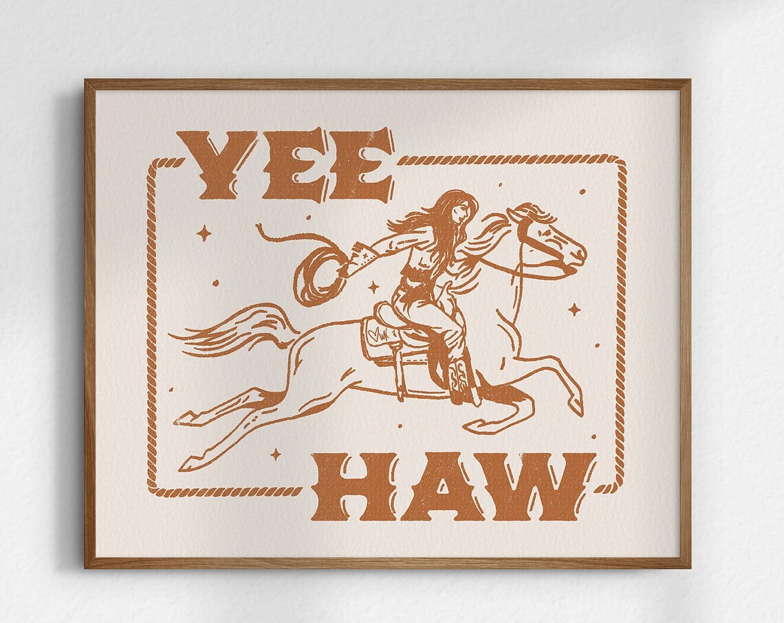 Yee Haw Poster Cowgirl Horse Lasso Retro Western Rodeo Decor