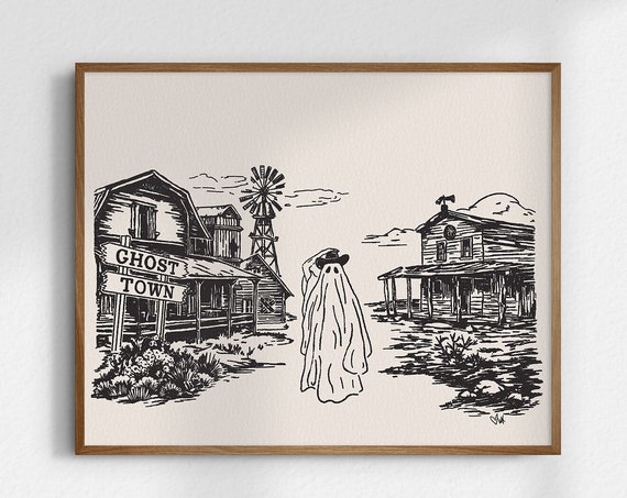 Town 8x10 Halloween Art Cowboy Gicle Fine Print Spooky Decor Western Prints Unframed