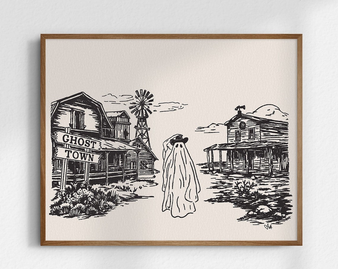 Ghost Town Cowboy Ghost Halloween Western Town Spooky Line Poster