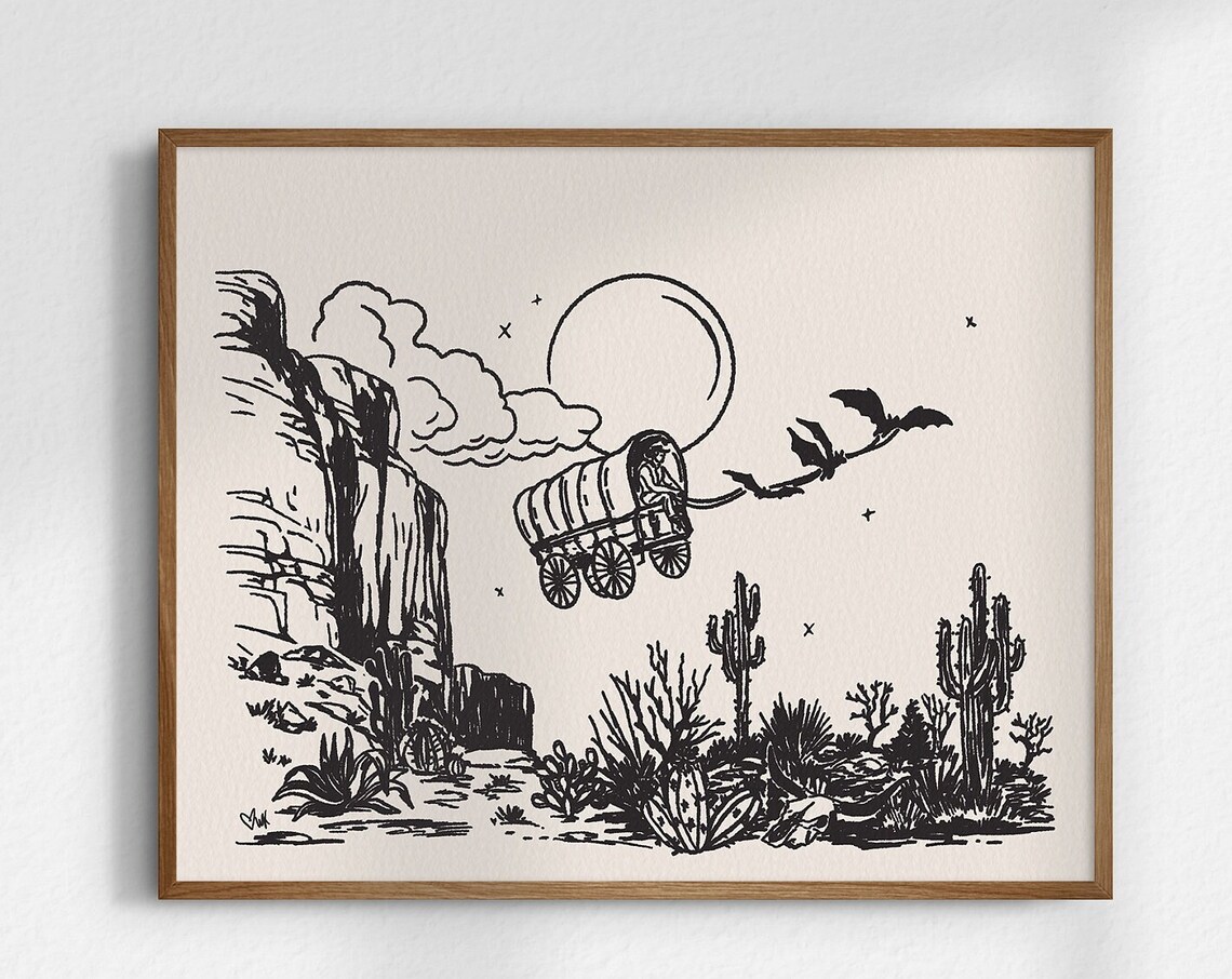 Ridin High Cowboy Wagon Bats Moon Desert Halloween Line Art Poster