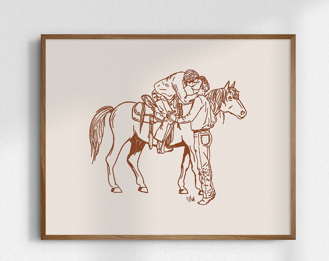 Cowboy Kiss On Horseback Brown Line Western Romance Art Poster