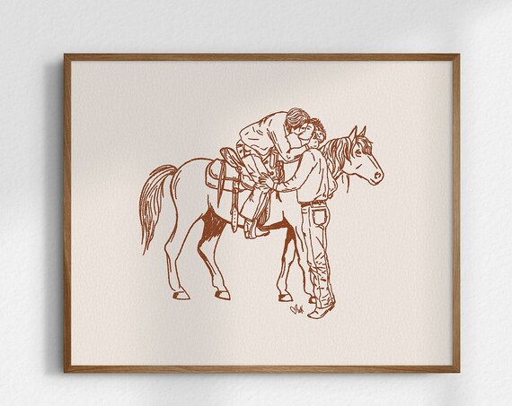 Cowboy Kiss On Horseback Brown Line Western Romance Art Poster