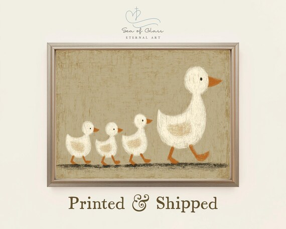Mother Duck With Ducklings Rustic Farmhouse Nursery Artwork Print