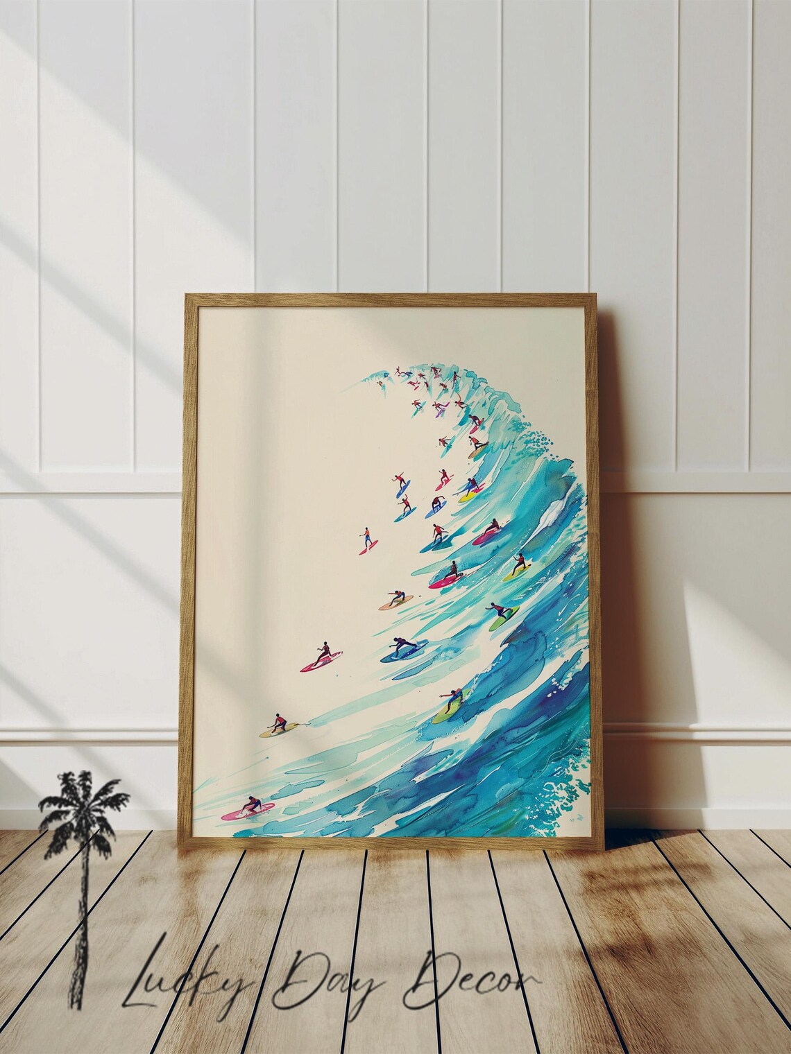 Surfers Riding Giant Curling Wave Watercolor Beach Art Poster