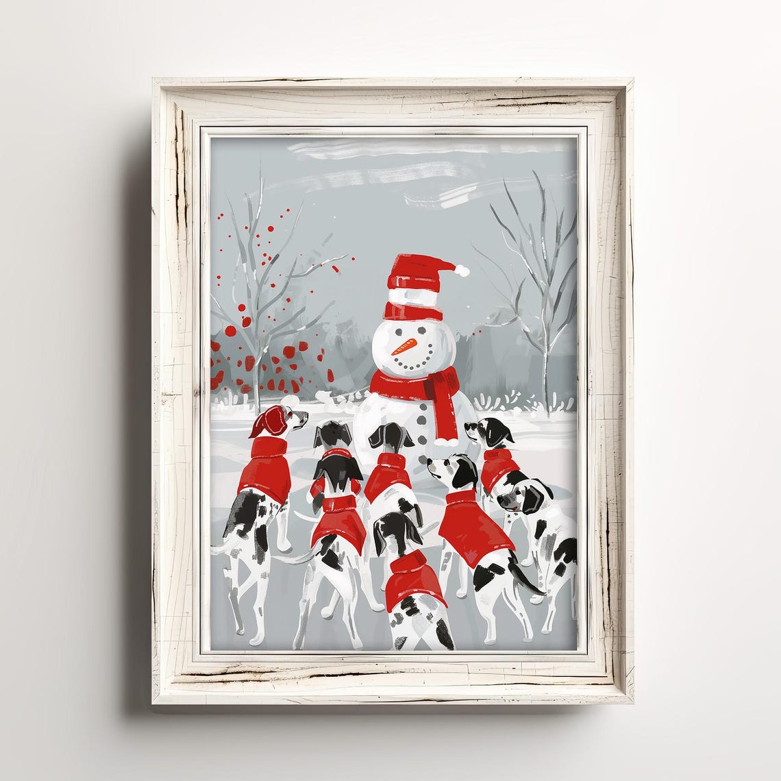 Snowman in a Santa Hat Surrounded by Dogs in Red Winter Coats Poster