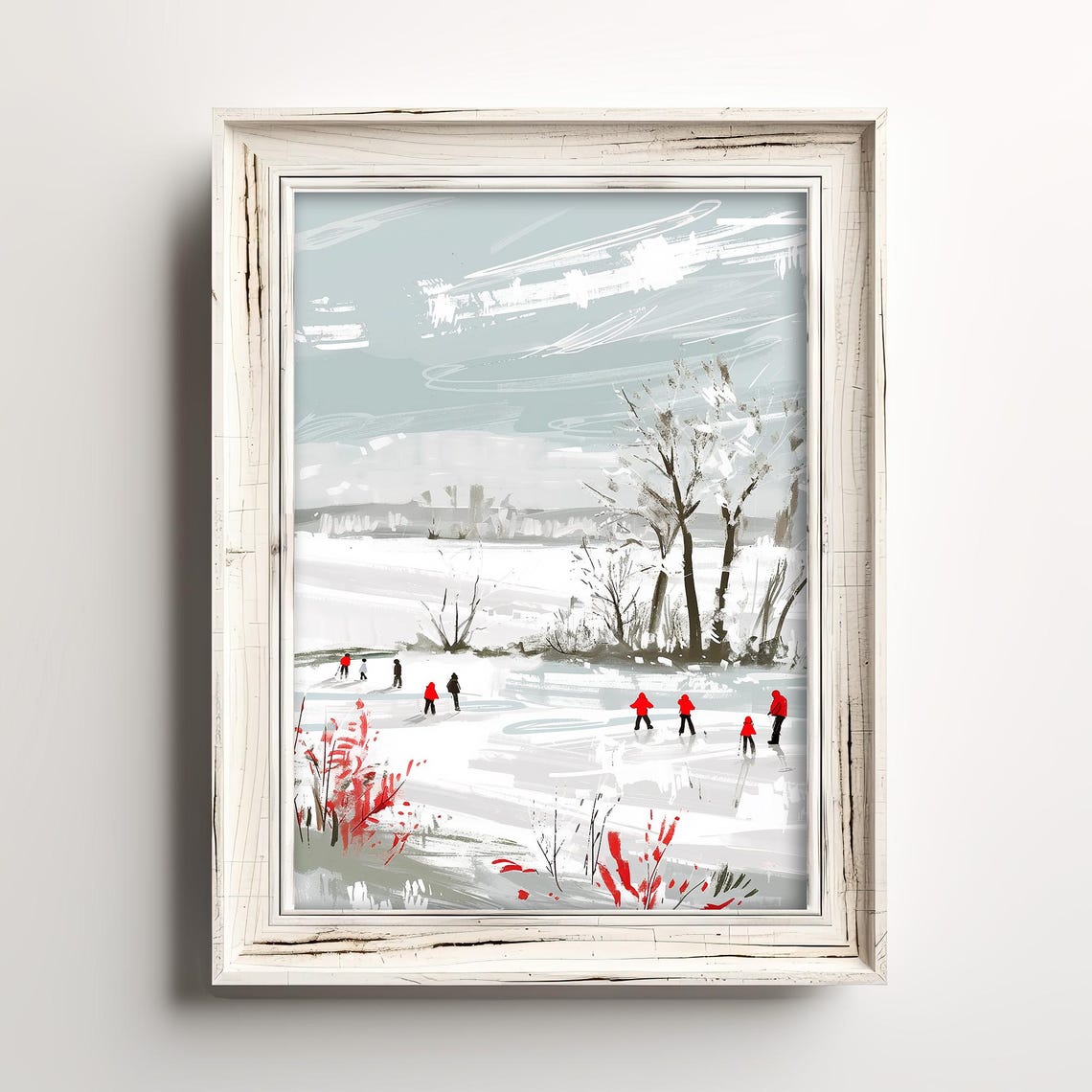 Frozen Lake Ice Skaters Poster With Minimalist Winter Landscape Art