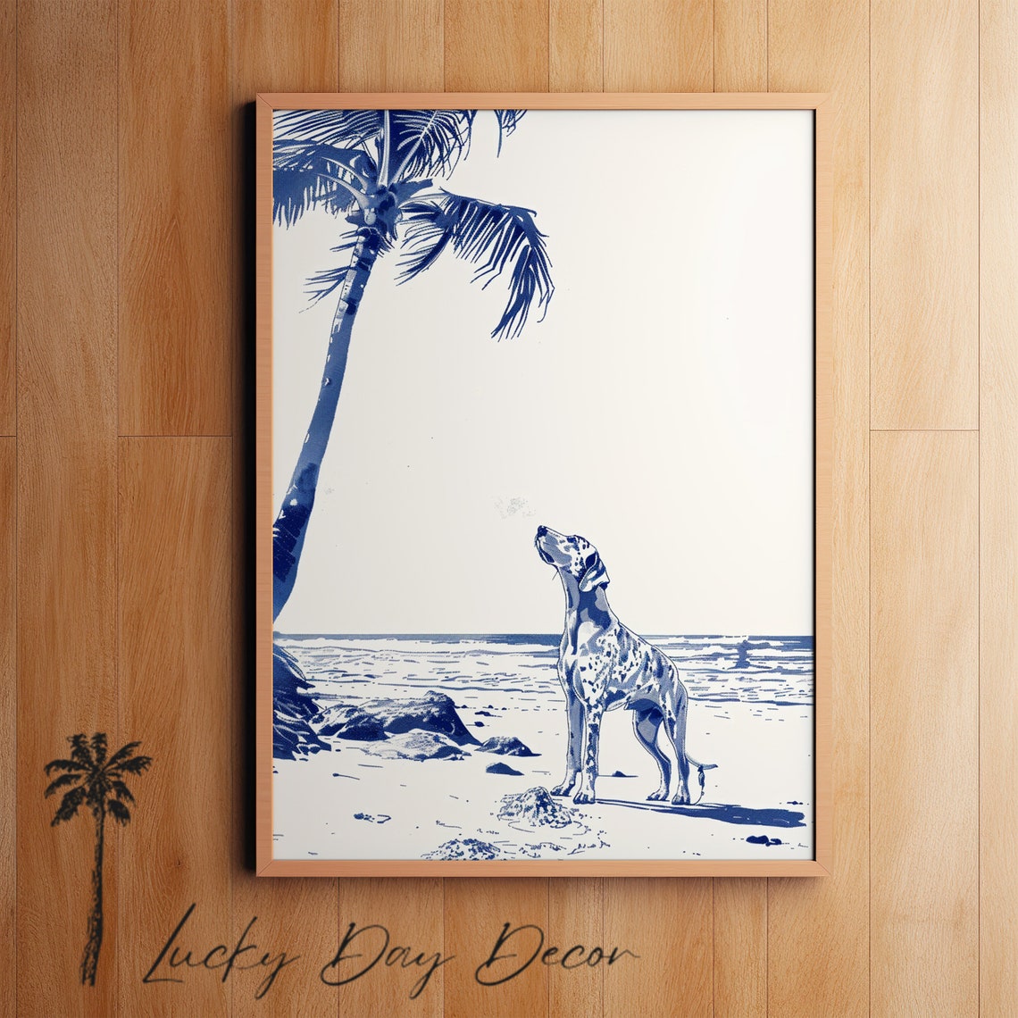 Spotted Dog on Beach Palm Tree Navy Blue Coastal Sketch Poster