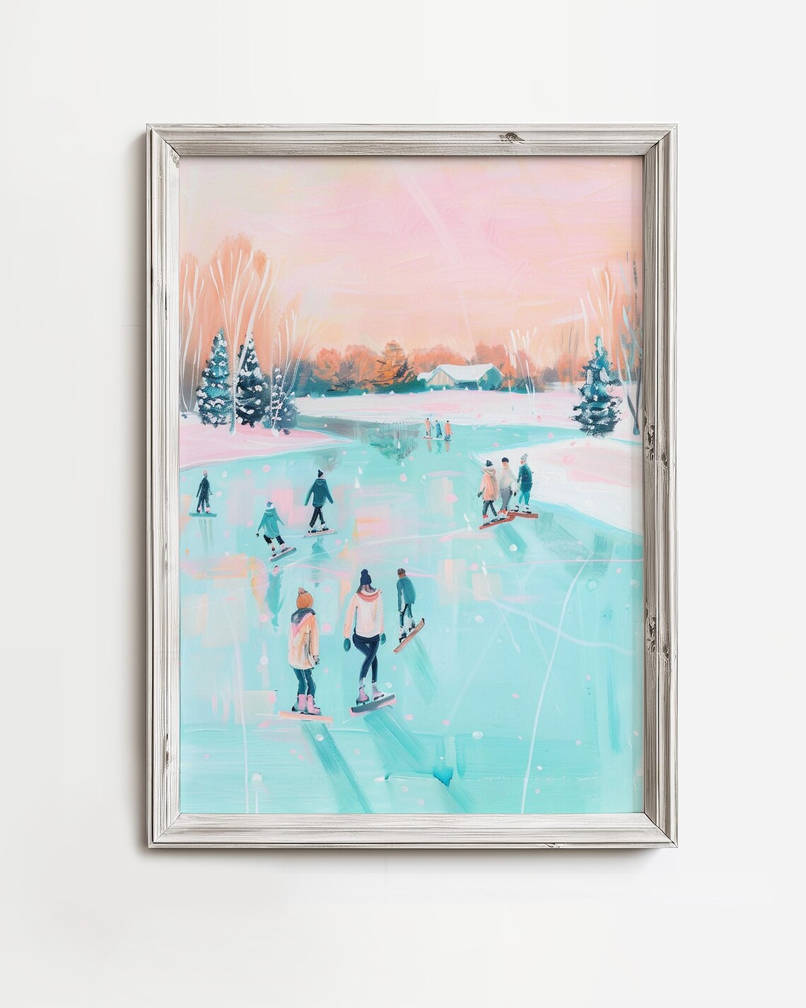 Vintage Ice Skating On Pond Art Print, Holiday Decor