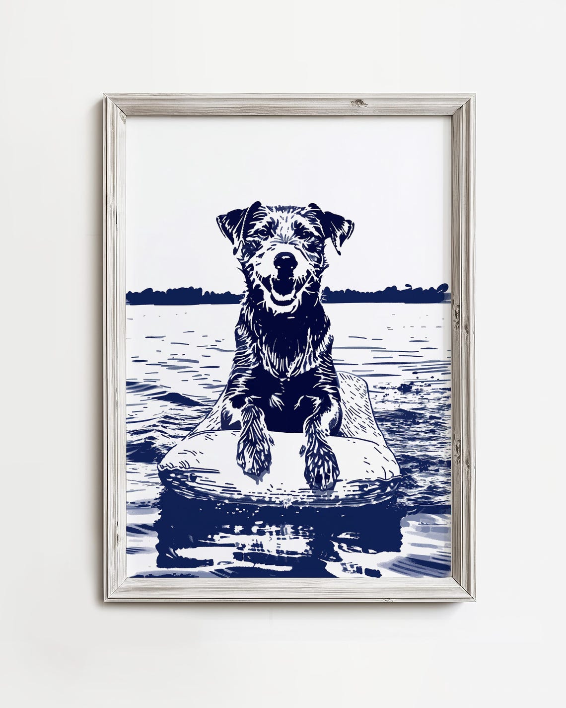Happy Scruffy Dog Floating On An Inner Tube Navy Lake Art Poster