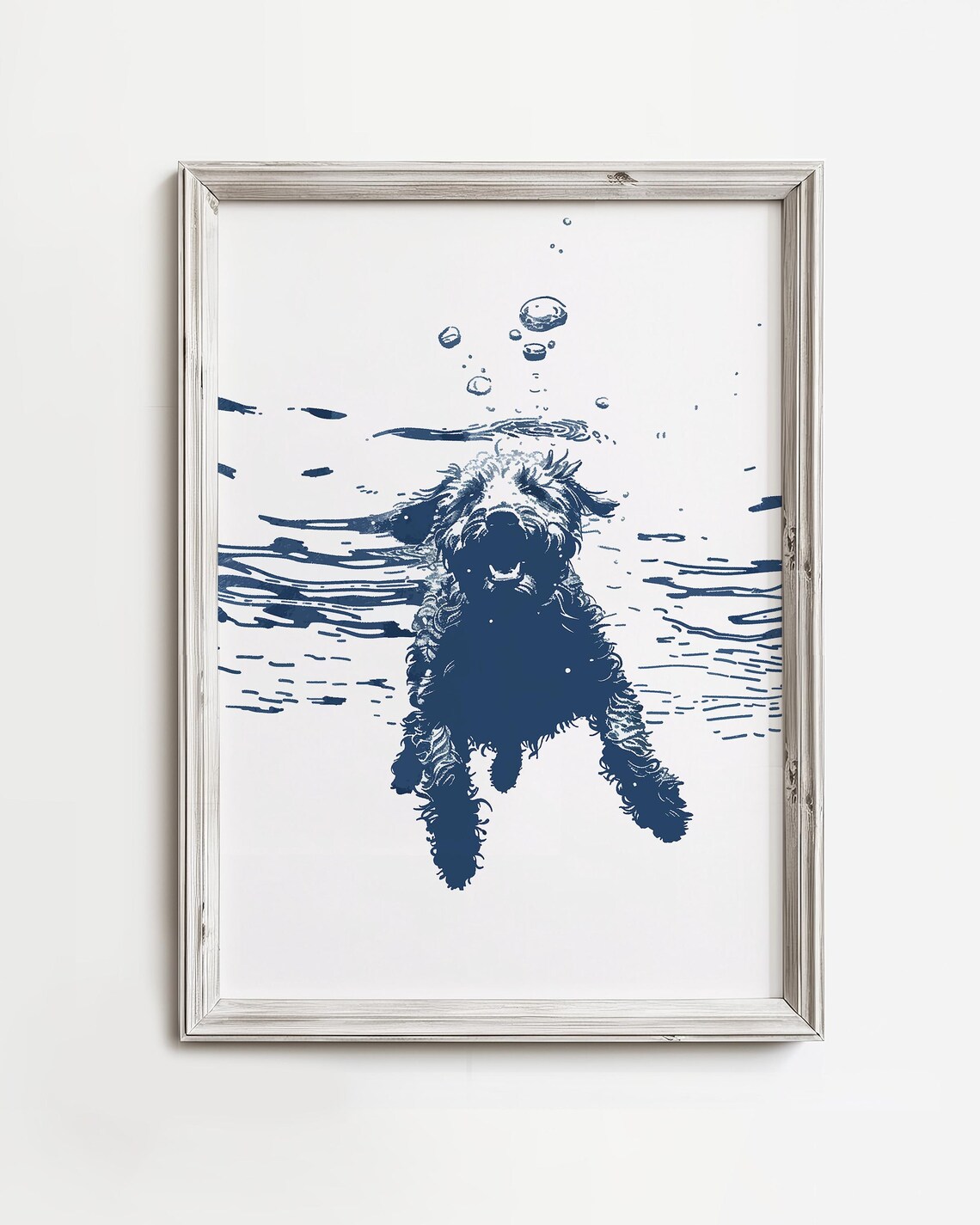 Swimming Doodle Dog Underwater Blue Ink Fun Beach Sketch Poster