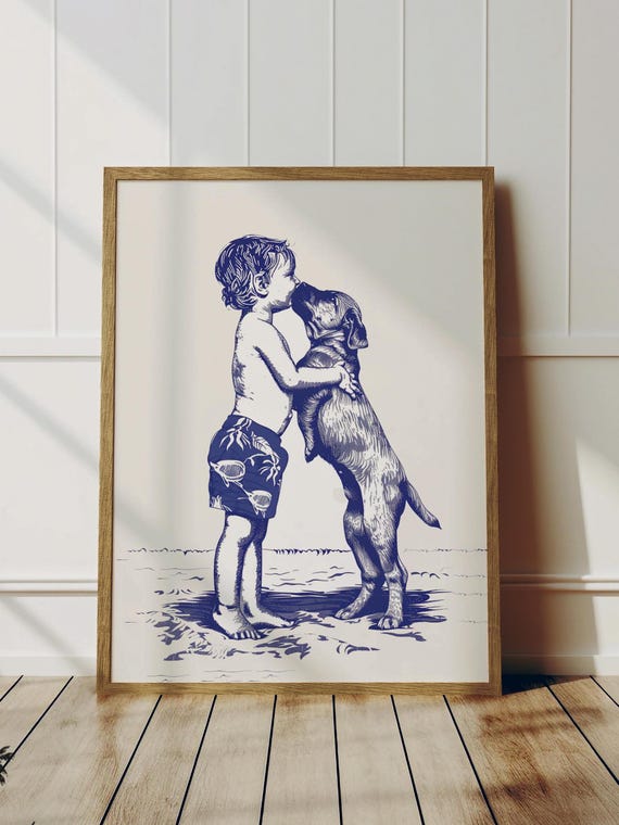 Coastal Puppy Love Vintage Beach Day Print Nursery Wall Art Navy Blue Simple Sketch Dog Lovers Room Decor Summer