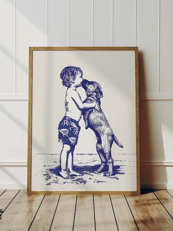 Sweet Toddler Boy Hugging Puppy on Beach Navy Blue Sketch Poster