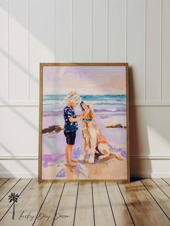 Golden Retriever Artwork Coastal Nursery Art Best Friends Pastel Painting With Blonde Boy Colorful Watercolor Lovable Dog Home Decor