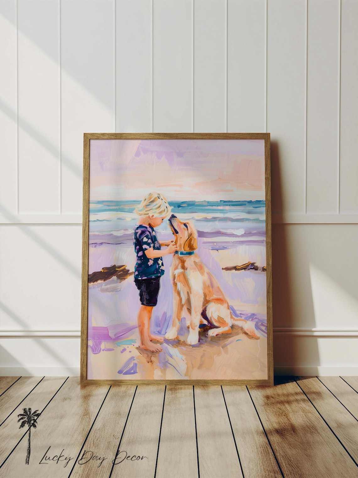 Boy with Golden Retriever on Beach Pastel Watercolor Painting Poster