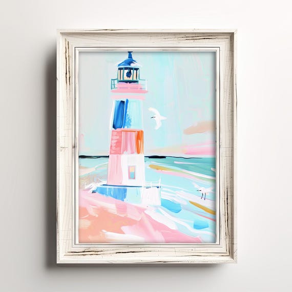 Pink Coastal Pastel Lighthouse Home Nautical Art Colorful Seaside Decor For Ocean Lovers Summer Beach Painting