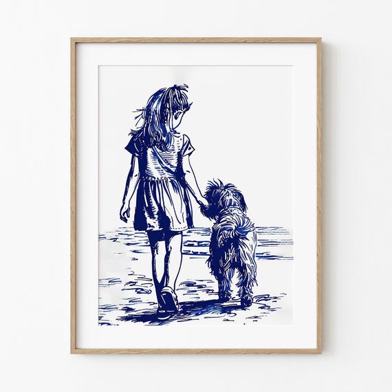 Beach Doodle Girl Walking Summertime Dog Sketch Art Coastal Cottage Decor Boat House Artwork Nursery Room Print For Lovers