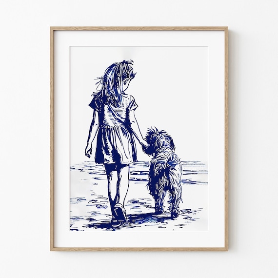Girl Walking With Her Dog On The Beach Navy Blue Sketch Poster