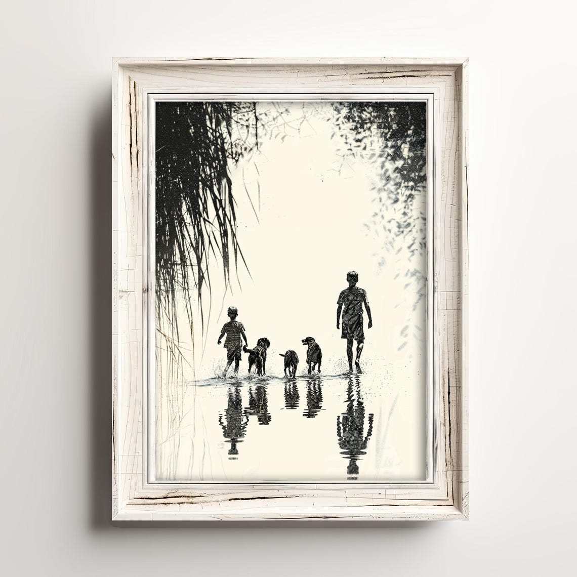 Two Boys Three Dogs Wading Water Reflection Black Ink Art Poster