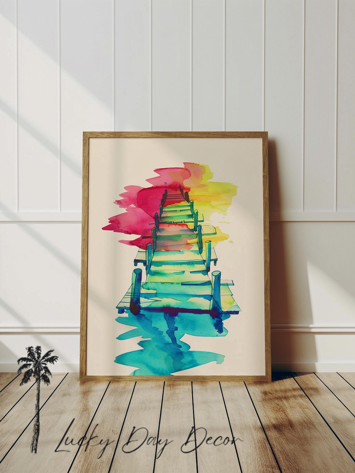 Colorful Rainbow Pier Wooden Dock Watercolor Beach Art Poster
