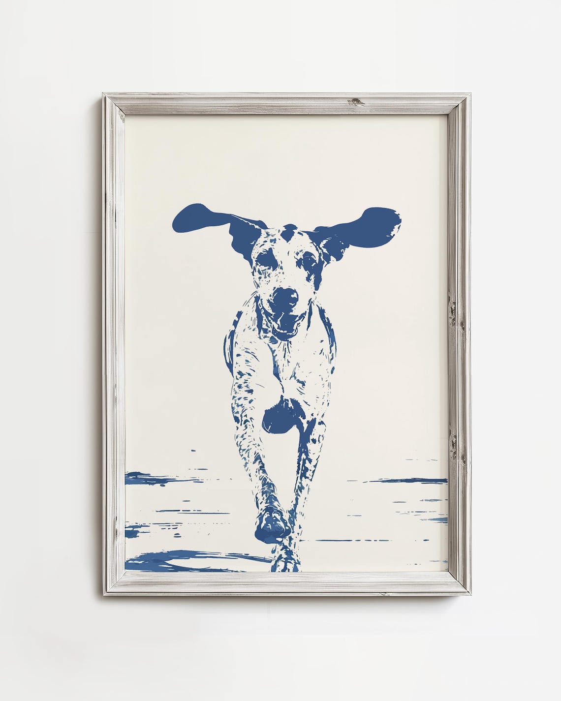 Running Spotted Dog Ears Flying Blue Screenprint Style Poster