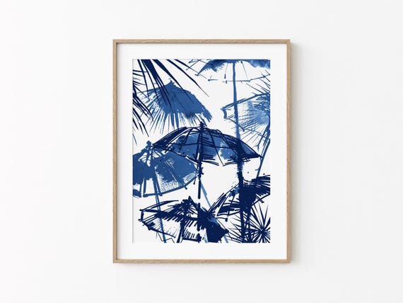 Beach Umbrella Collage House Wall Decor Abstract Coastal Art Blue Trendy Sketch For Ocean Lovers Summer Home Print