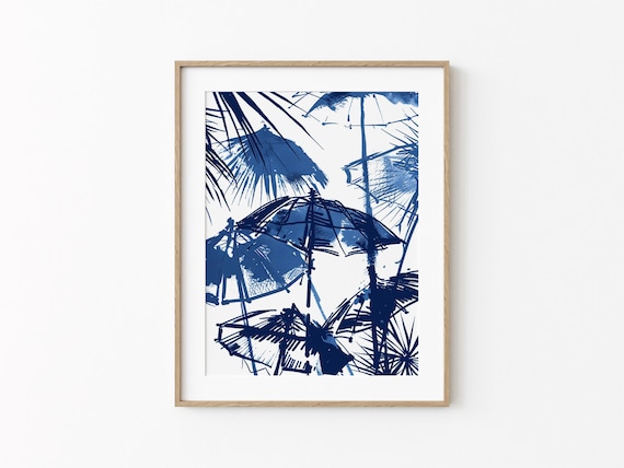 Navy Ink Beach Umbrellas Palm Tropical Sketch Coastal Art Poster